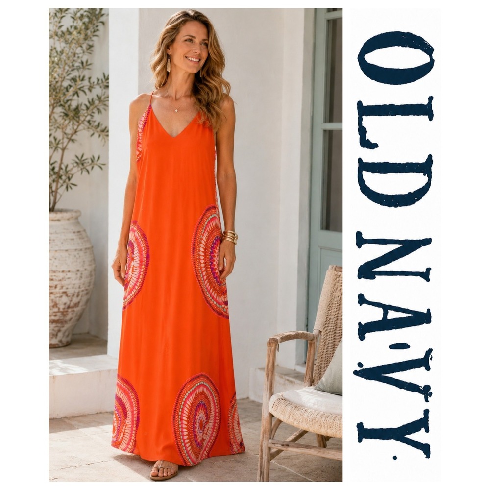Old Navy Orange Coral  Mandala Print V-Neck Spaghetti Strap Maxi Dress M